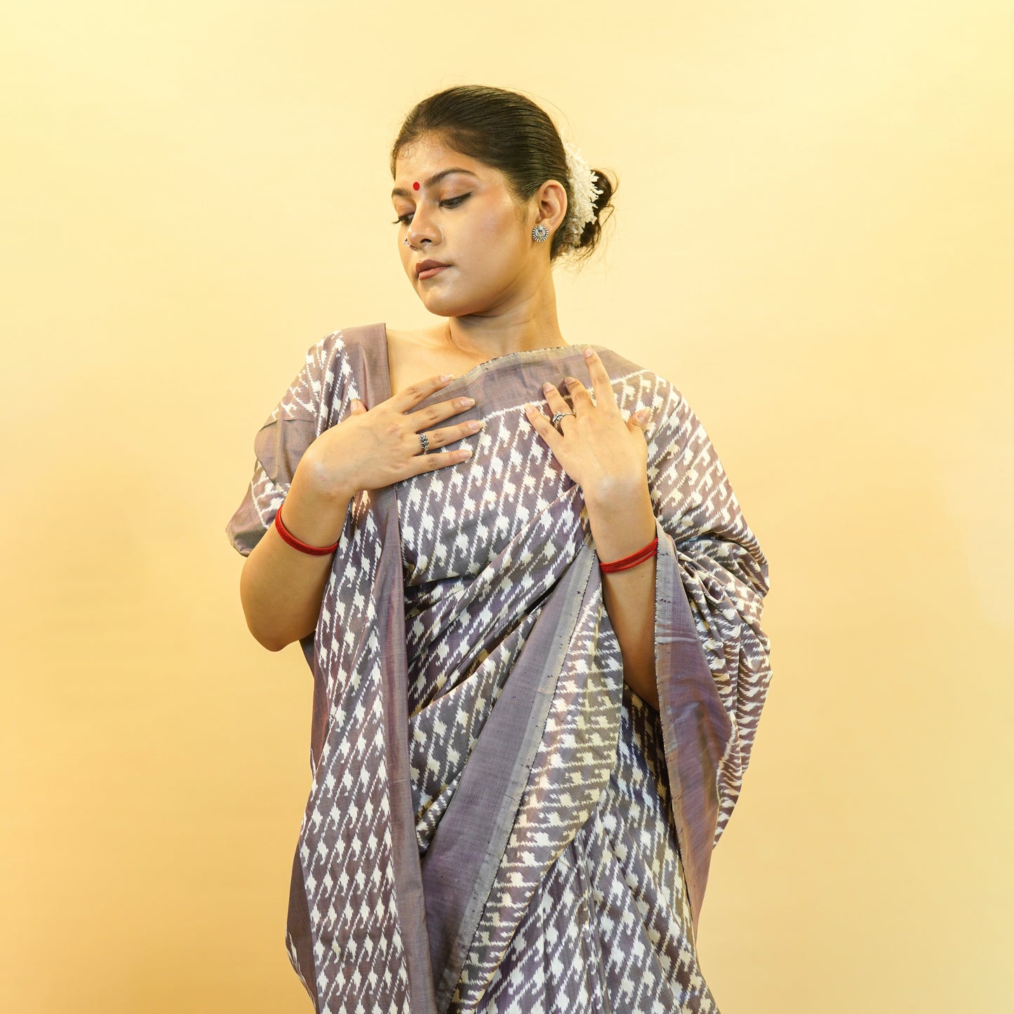 Bibhu Mohapatra Greyish-Purple & Ivory Mulberry Silk Pochampally Ikat Saree