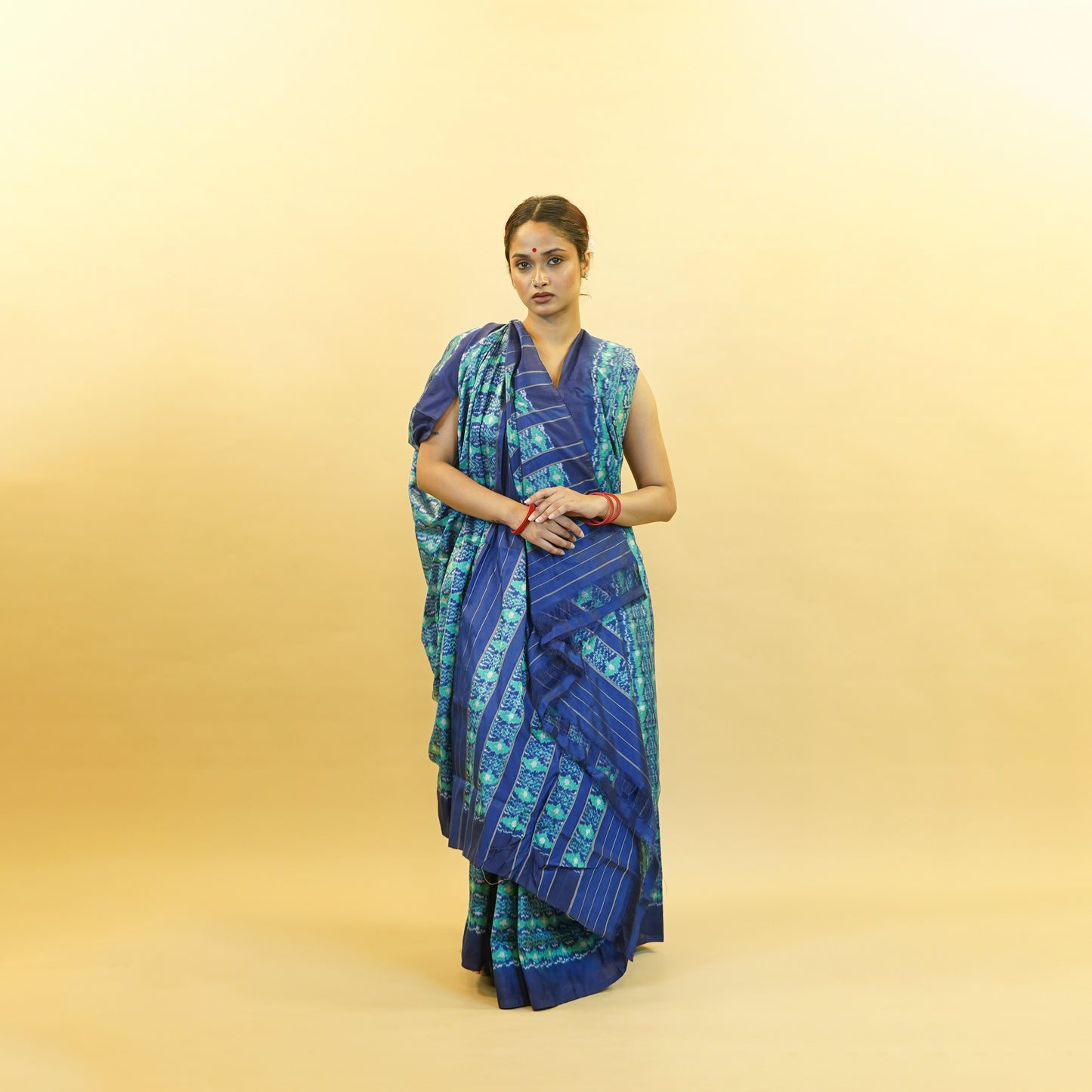 Blue & Turquoise Green Mulberry Silk Pochampally Floral Ikat Saree