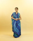 Blue & Turquoise Green Mulberry Silk Pochampally Floral Ikat Saree