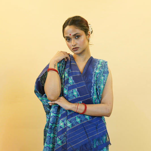 Blue & Turquoise Green Mulberry Silk Pochampally Floral Ikat Saree
