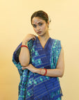 Blue & Turquoise Green Mulberry Silk Pochampally Floral Ikat Saree