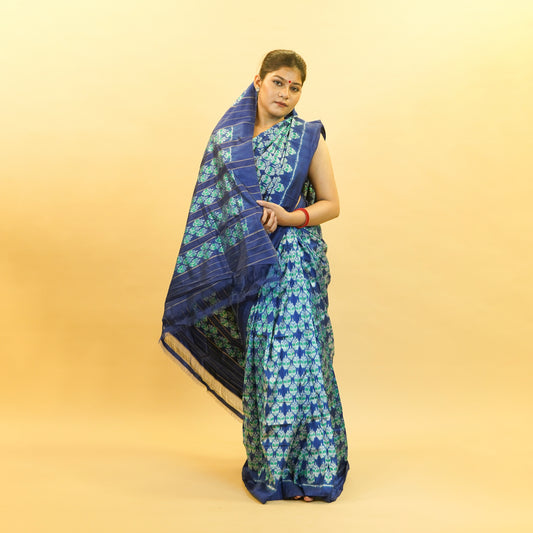 Blue & Sea Green Mulberry Silk Pochampally Geometric Ikat Saree