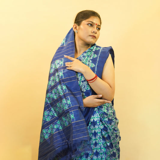 Blue & Sea Green Mulberry Silk Pochampally Geometric Ikat Saree