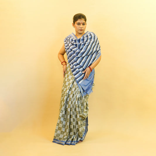 Dark Grey & Blue Mulberry Silk Pochampally Ikat Saree