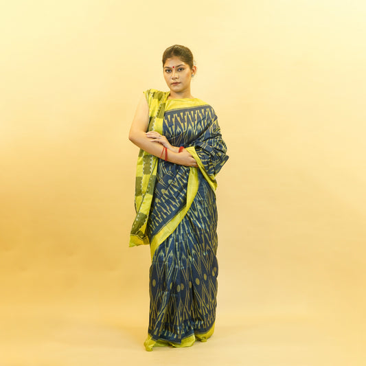 Bibhu Mohapatra Navy Blue & Lime Green Mulberry Silk Odisha Ikat Saree
