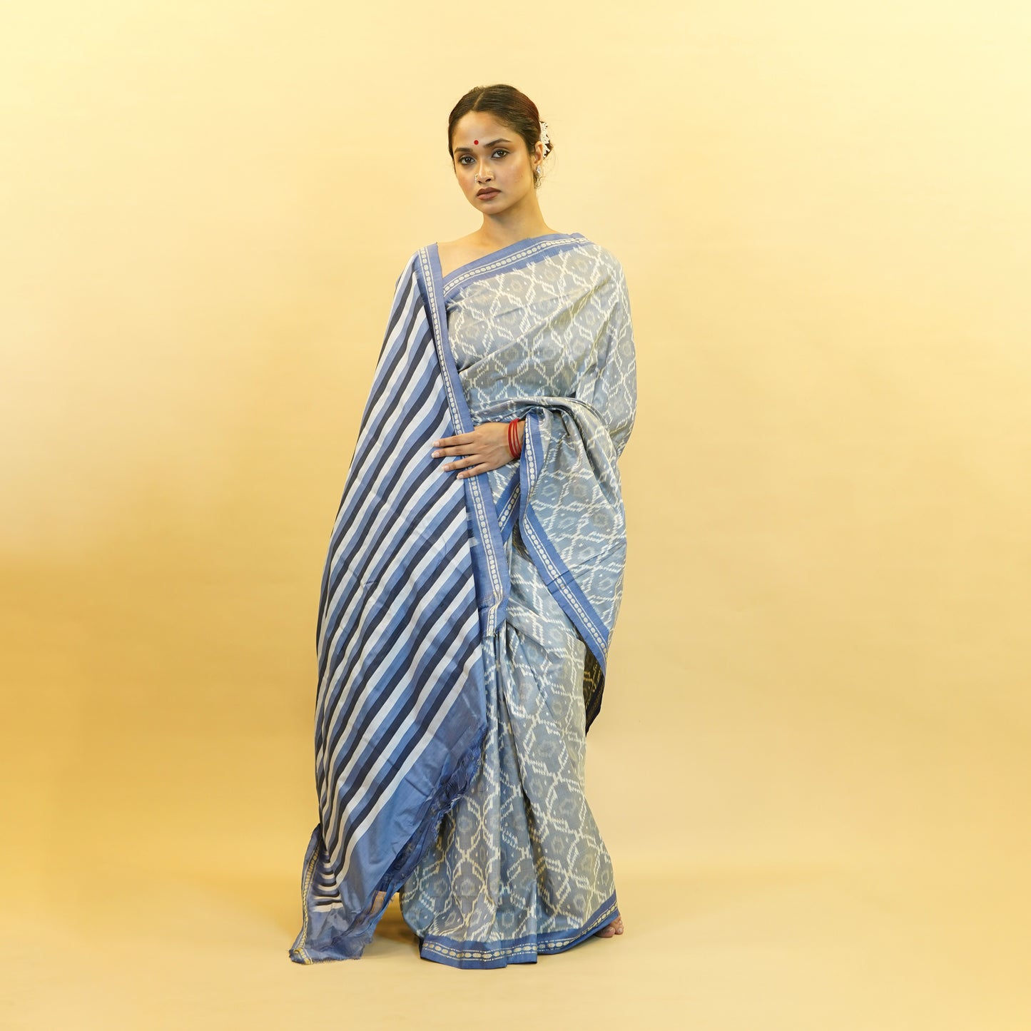 Grey, Blue & White Mulberry Silk Pochampally Ikat Saree