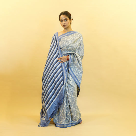 Grey, Blue & White Mulberry Silk Pochampally Ikat Saree