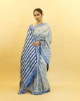 Grey, Blue & White Mulberry Silk Pochampally Ikat Saree