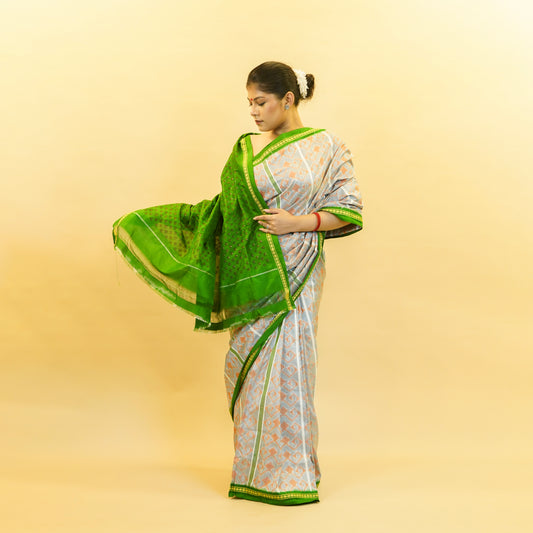 Grey & Green Mulberry Silk Pochampally Ikat Saree