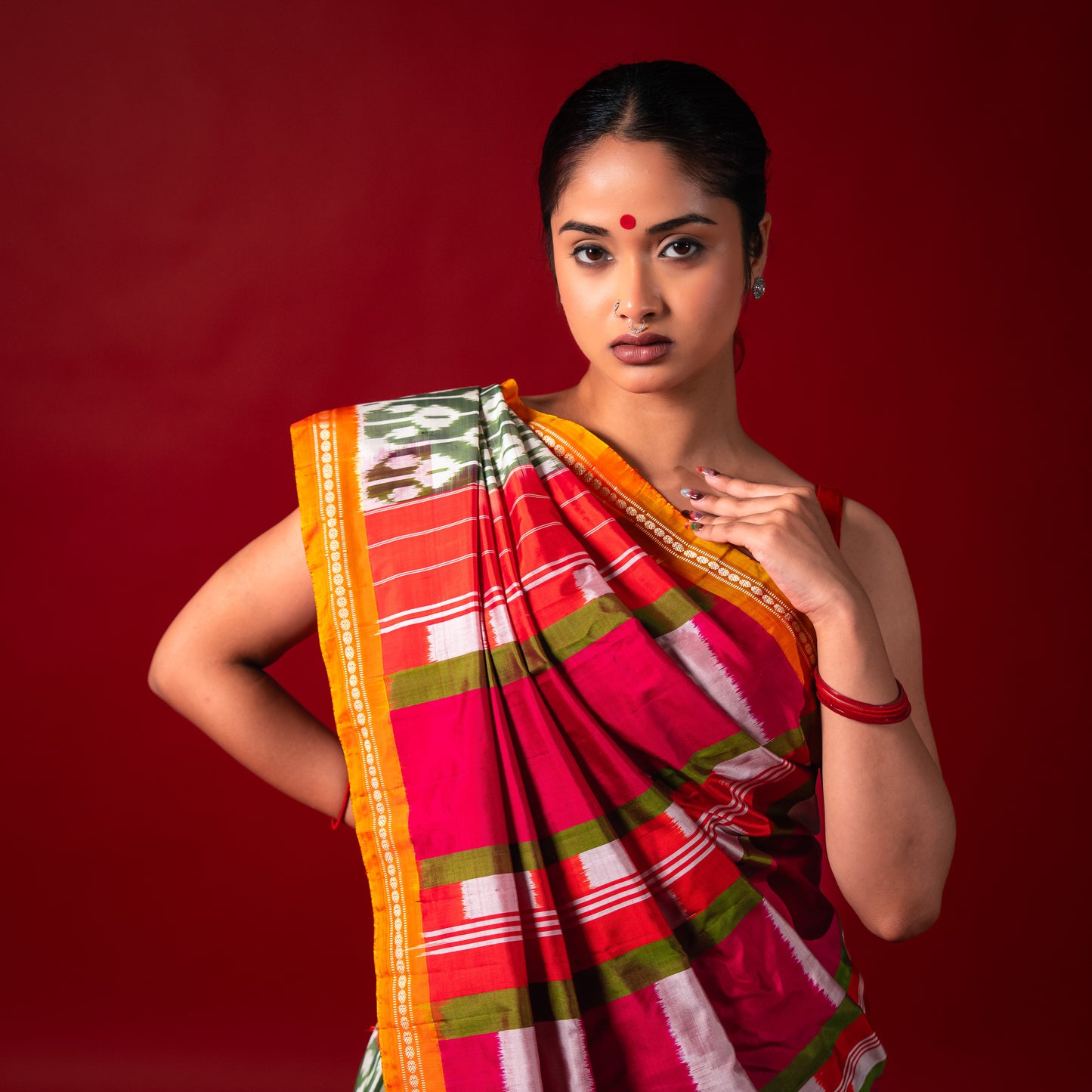Ikatan Sage Green & Dark Pink Mulberry Silk Pochampally Ikat Saree Ikatan