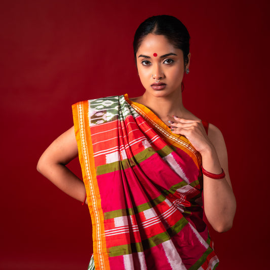 Ikatan Sage Green & Dark Pink Mulberry Silk Pochampally Ikat Saree Ikatan