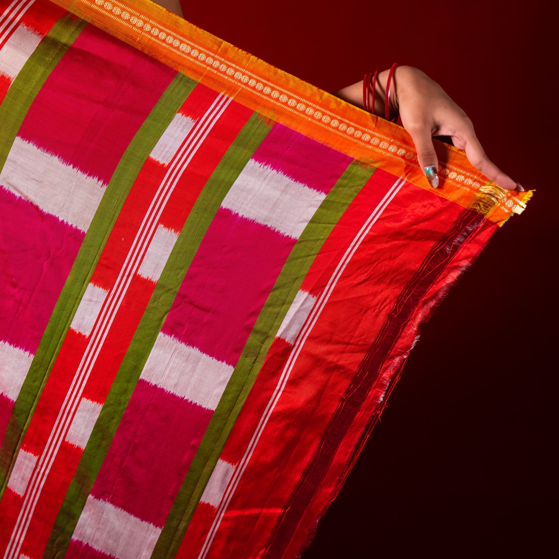 Ikatan Sage Green & Dark Pink Mulberry Silk Pochampally Ikat Saree Ikatan
