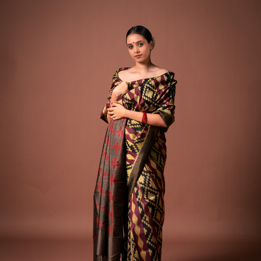 Bibhu Mohapatra Maroon & Golden Mulberry Silk Odisha Ikat Saree Ikatan