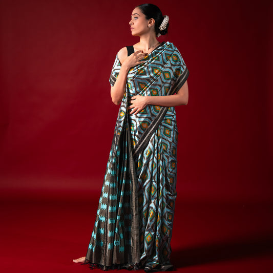 Ikatan Metallic Blue Mulberry Silk Pochampally Ikat Saree Ikatan