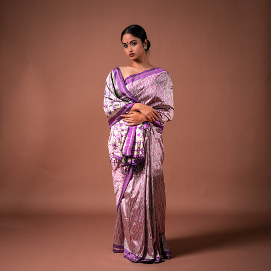 Bibhu Mohapatra Purple & Silver Mulberry Silk Pochampally Ikat Saree Ikatan