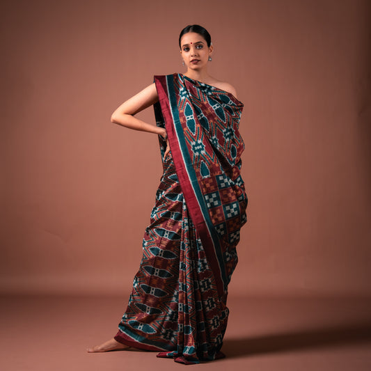 Bibhu Mohapatra Maroon & Blue Mulberry Silk Odisha Ikat Saree Ikatan
