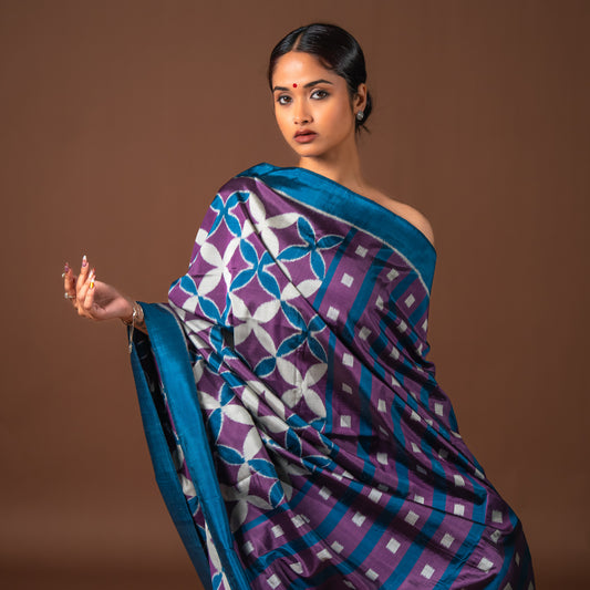Bibhu Mohapatra Blue & Purple Mulberry Silk Odisha Ikat Saree Ikatan