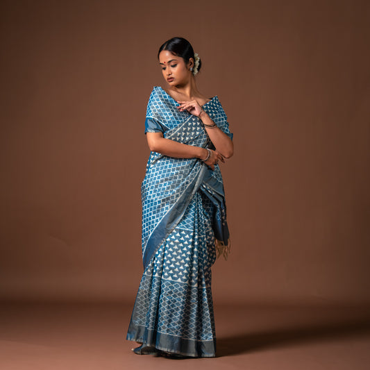 Bibhu Mohapatra Blue Mulberry Silk Pochampally Ikat Saree Ikatan