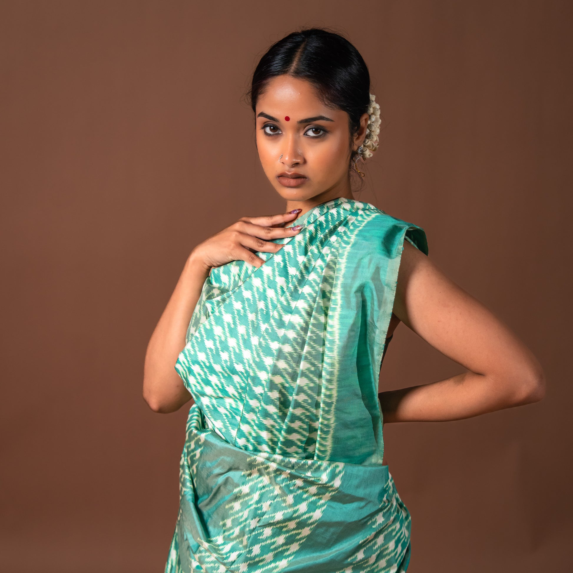 Bibhu Mohapatra Sea Green & White Mulberry Silk Pochampally Ikat Saree Ikatan