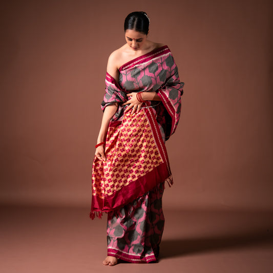 Bibhu Mohapatra Pink & Grey Mulberry Silk Pochampally Ikat Saree Ikatan