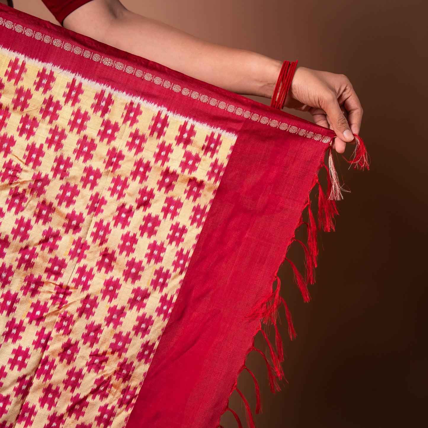 Bibhu Mohapatra Red & Yellow Mulberry Silk Pochampally Ikat Saree Ikatan