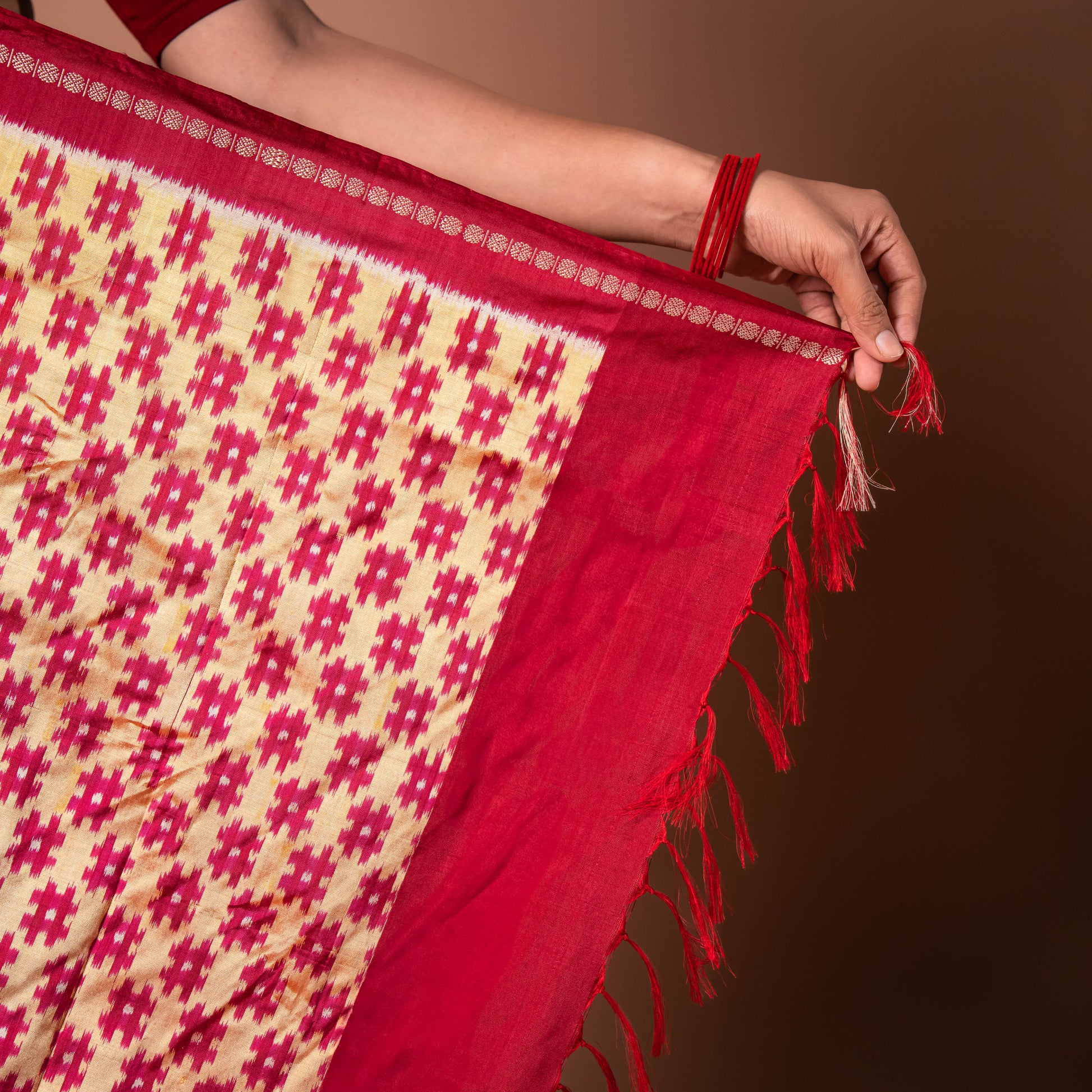 Bibhu Mohapatra Red & Yellow Mulberry Silk Pochampally Ikat Saree Ikatan