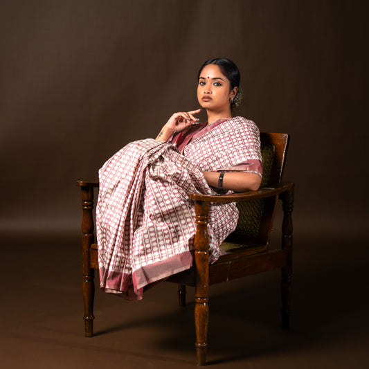 Bibhu Mohapatra Maroon & White Mulberry Silk Pochampally Ikat Saree Ikatan