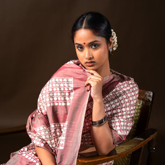 Bibhu Mohapatra Maroon & White Mulberry Silk Pochampally Ikat Saree Ikatan