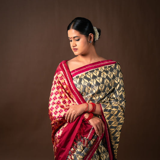 Bibhu Mohapatra Grey & Red Mulberry Silk Pochampally Ikat Saree Ikatan