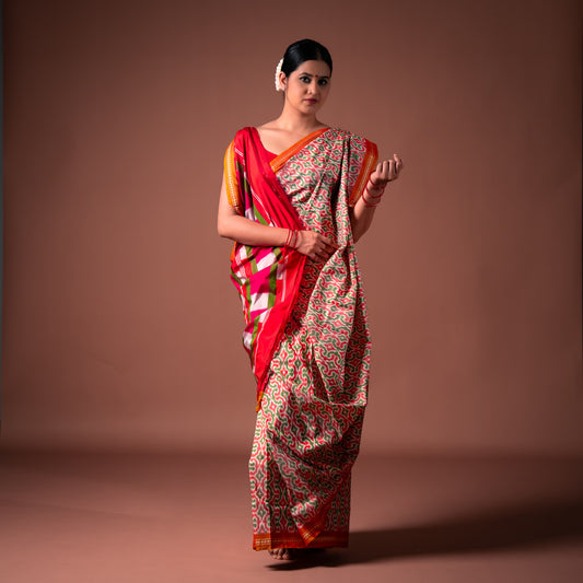 Bibhu Mohapatra Orange & Green Mulberry Silk Pochampally Ikat Saree Ikatan