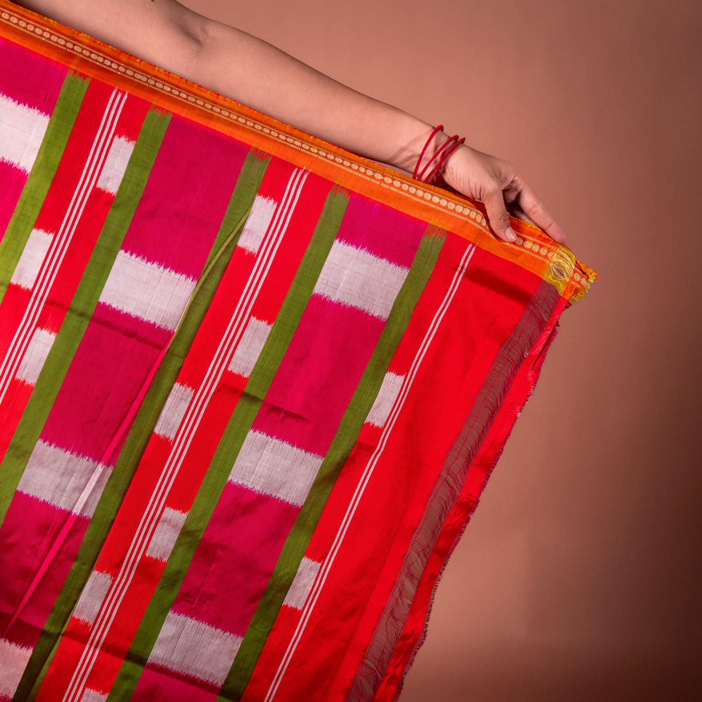Bibhu Mohapatra Orange & Green Mulberry Silk Pochampally Ikat Saree Ikatan