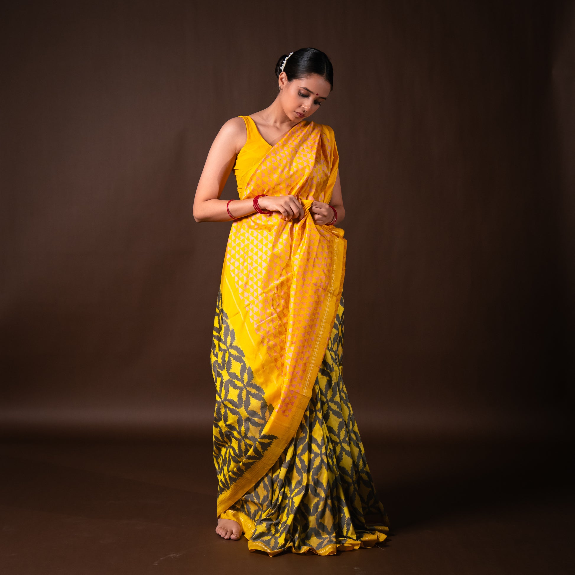 Bibhu Mohapatra Yellow & Grey Mulberry Silk Pochampally Ikat Saree Ikatan