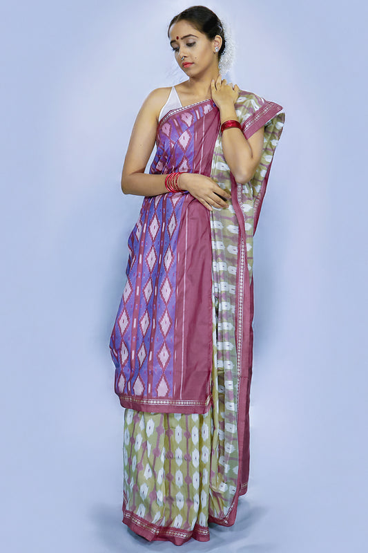 Ikatan Mauve & Green Mulberry Silk Ikat Saree Ikatan