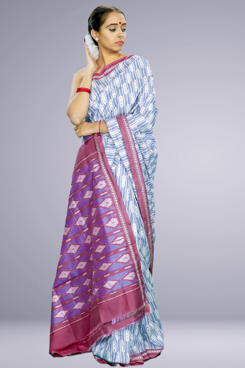 Ikatan Grey & Mauve Mulberry Silk Ikat Saree Ikatan