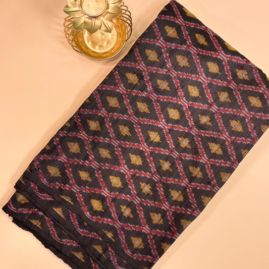 Black Raw Silk Pochampally Diamond Ikat Fabric