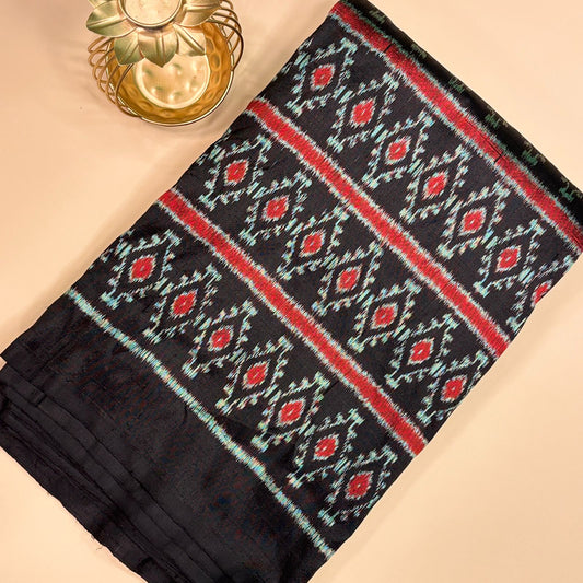 Black & Mint Mulberry Silk Odisha Ikat Fabric