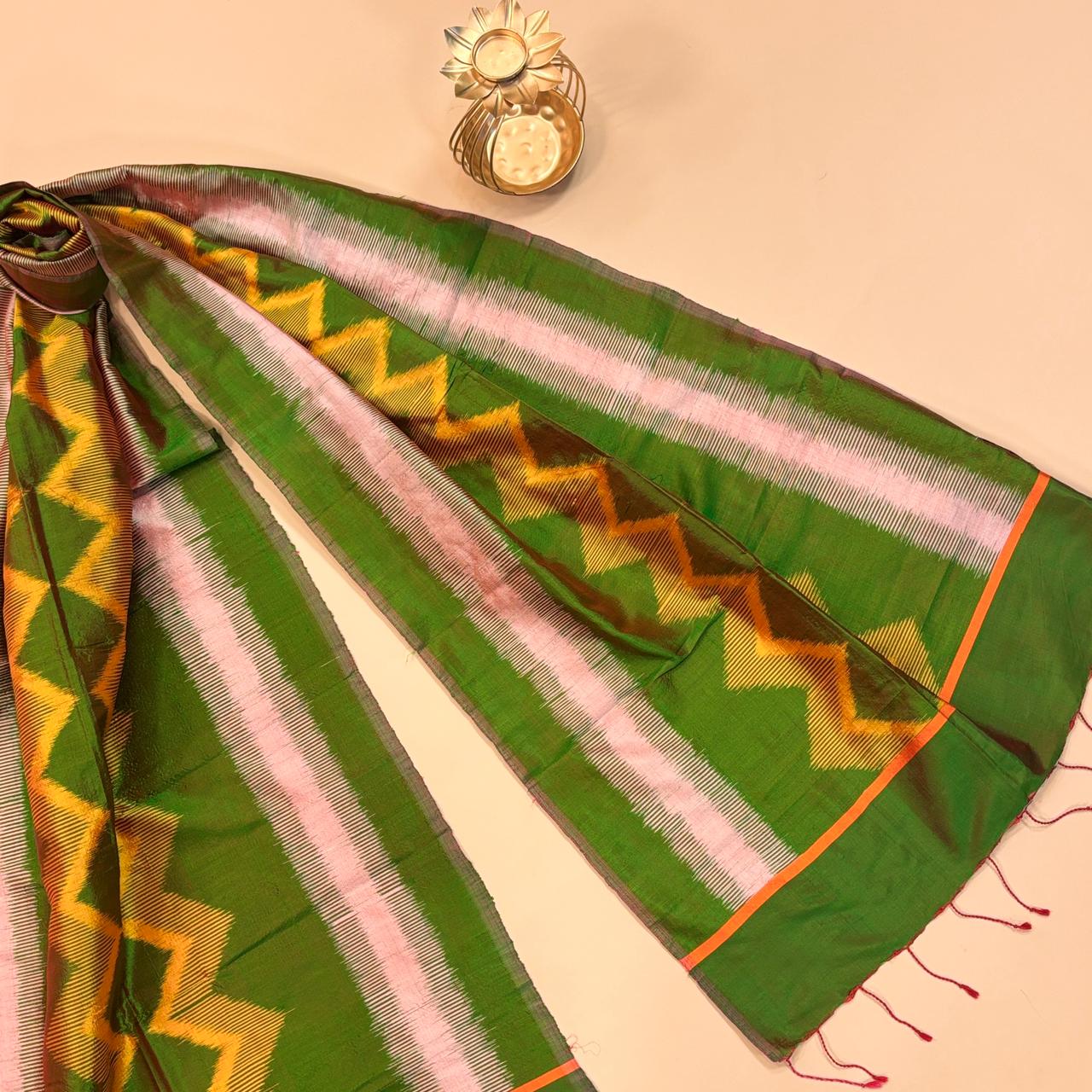 Green & Yellow Mulberry Silk Odisha Ikat Stole