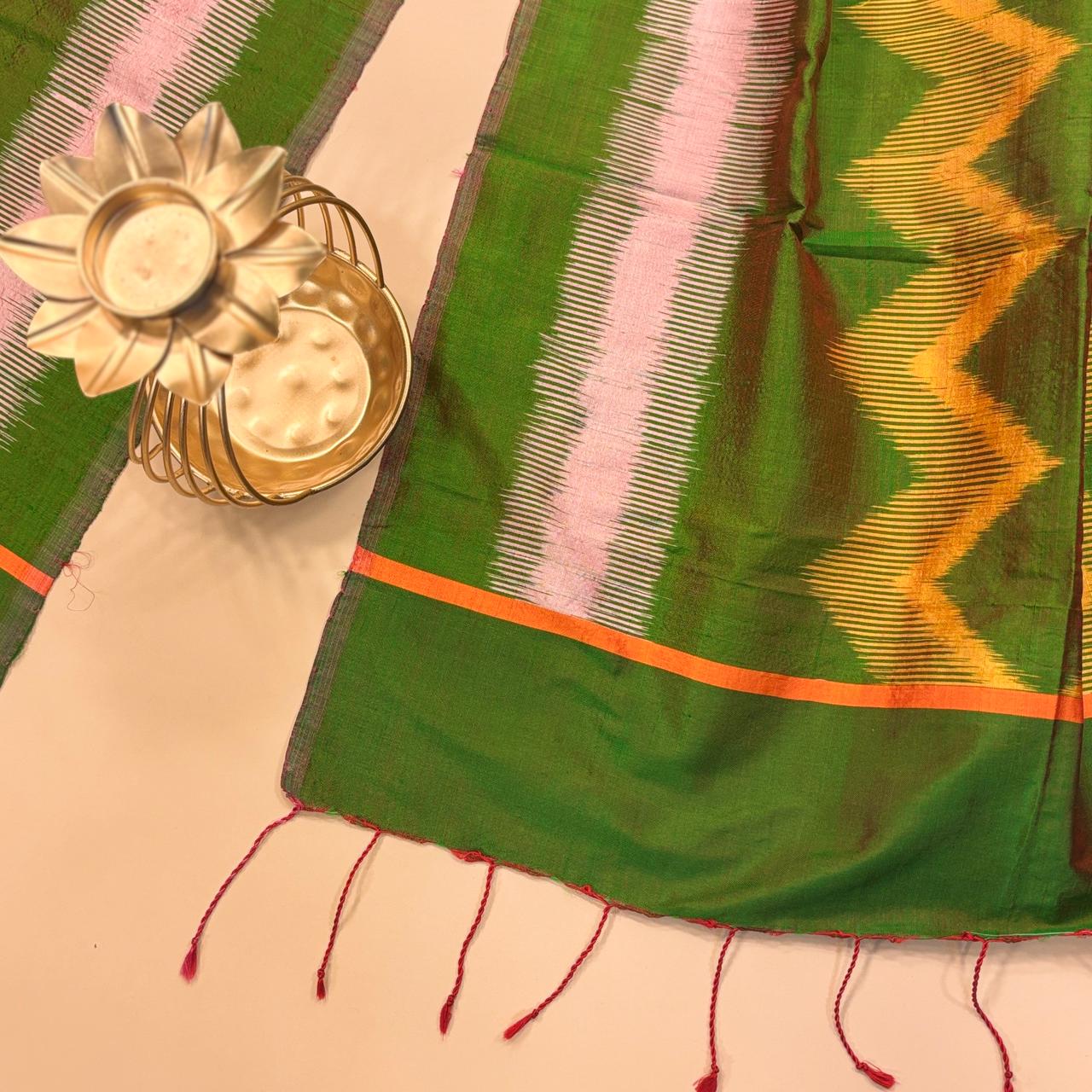 Green & Yellow Mulberry Silk Odisha Ikat Stole