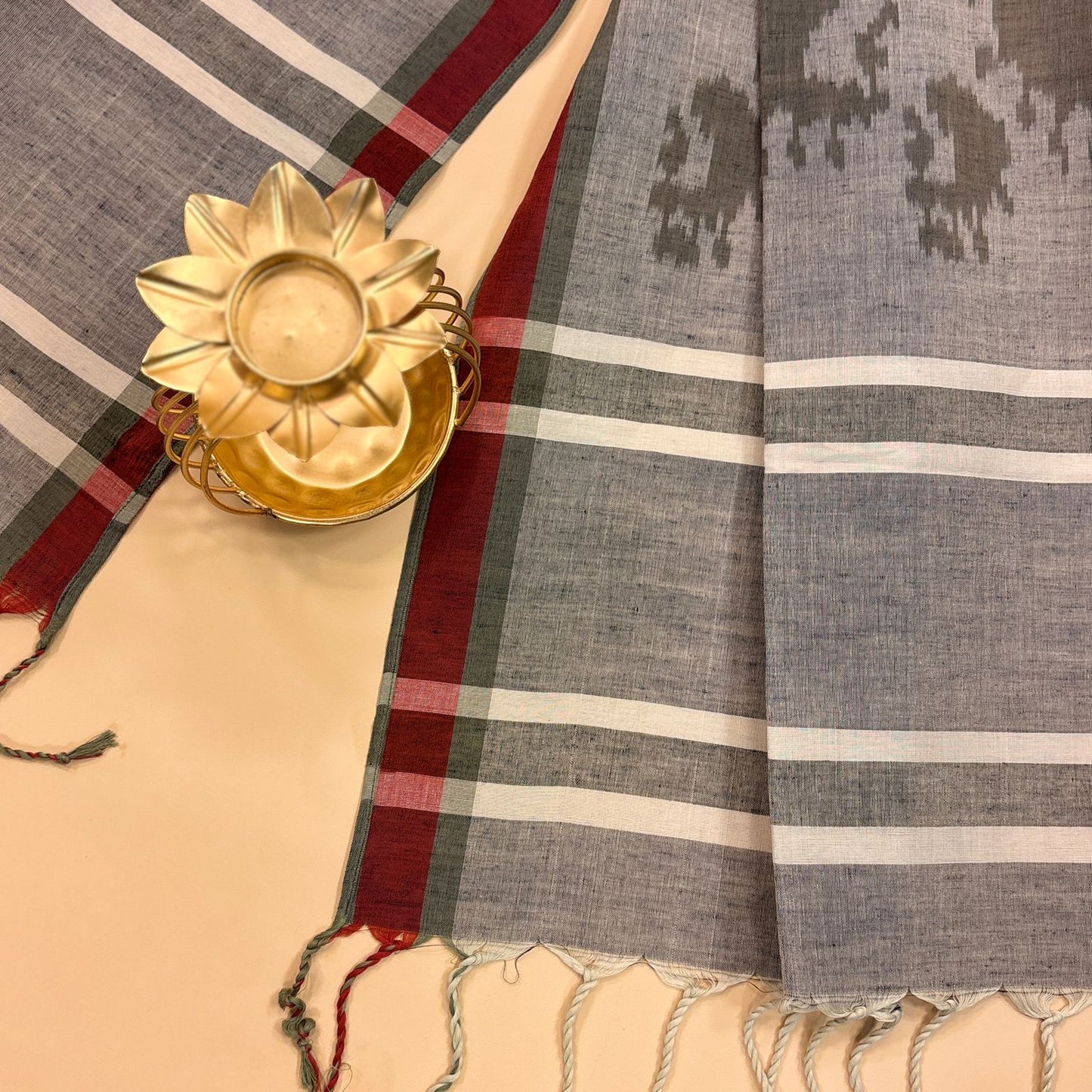 Grey and Maroon Pure Cotton Odisha Ikat Stole