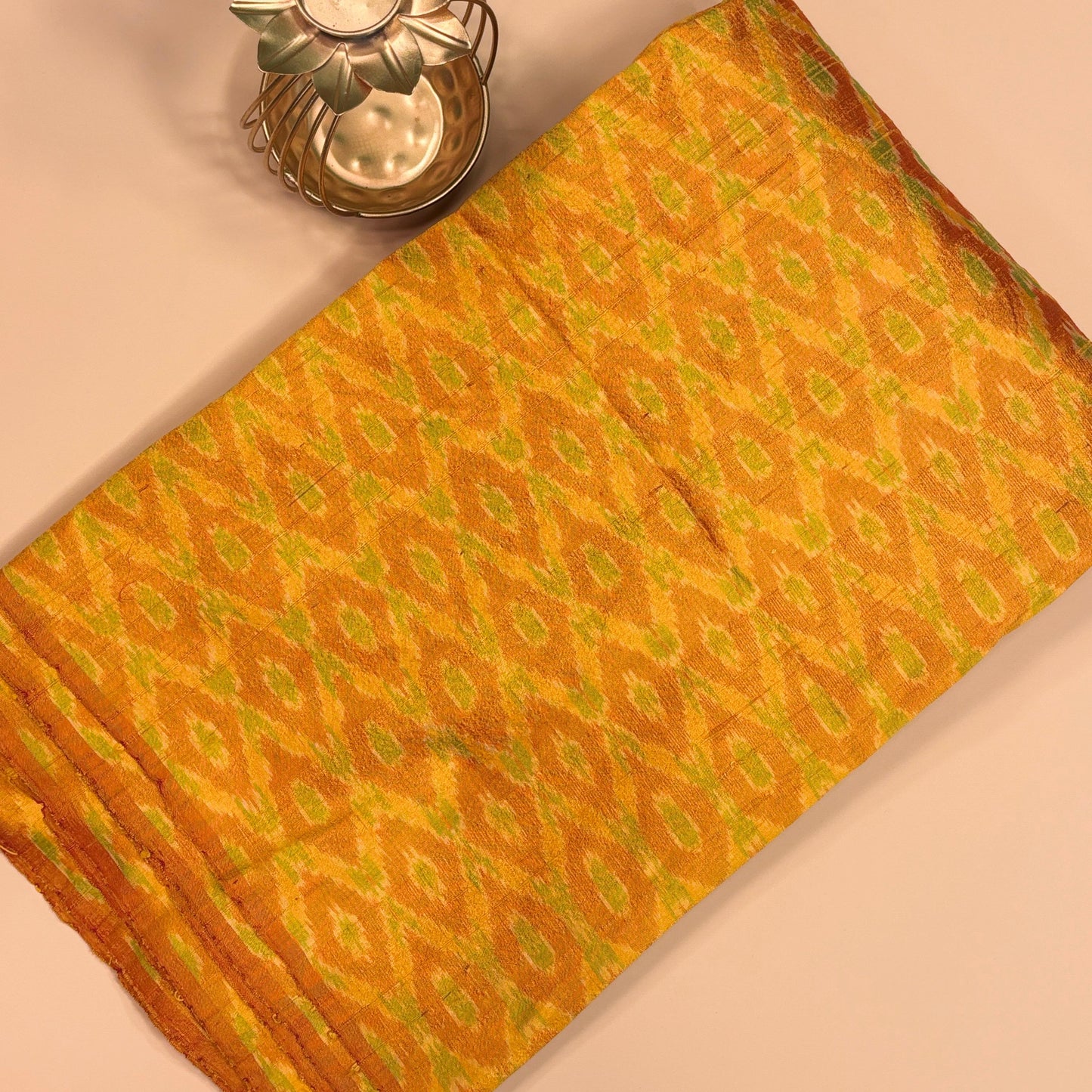 Ochre Yellow & Green Raw Silk Pochampally Ikat Fabric