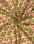 Green & Dark Pink Mulberry Silk Pochampally Ikat Fabric