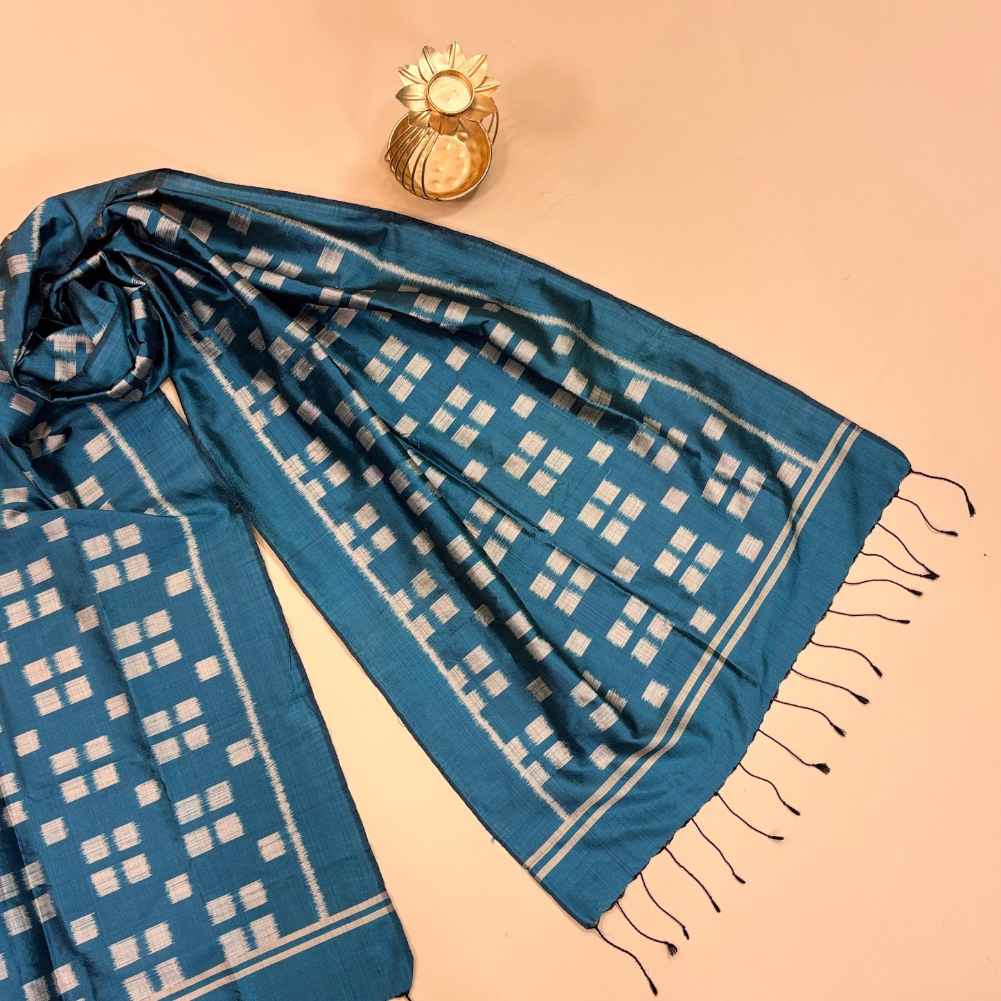 Teal Blue and Silver Mulberry Silk Odisha Ikat Stole