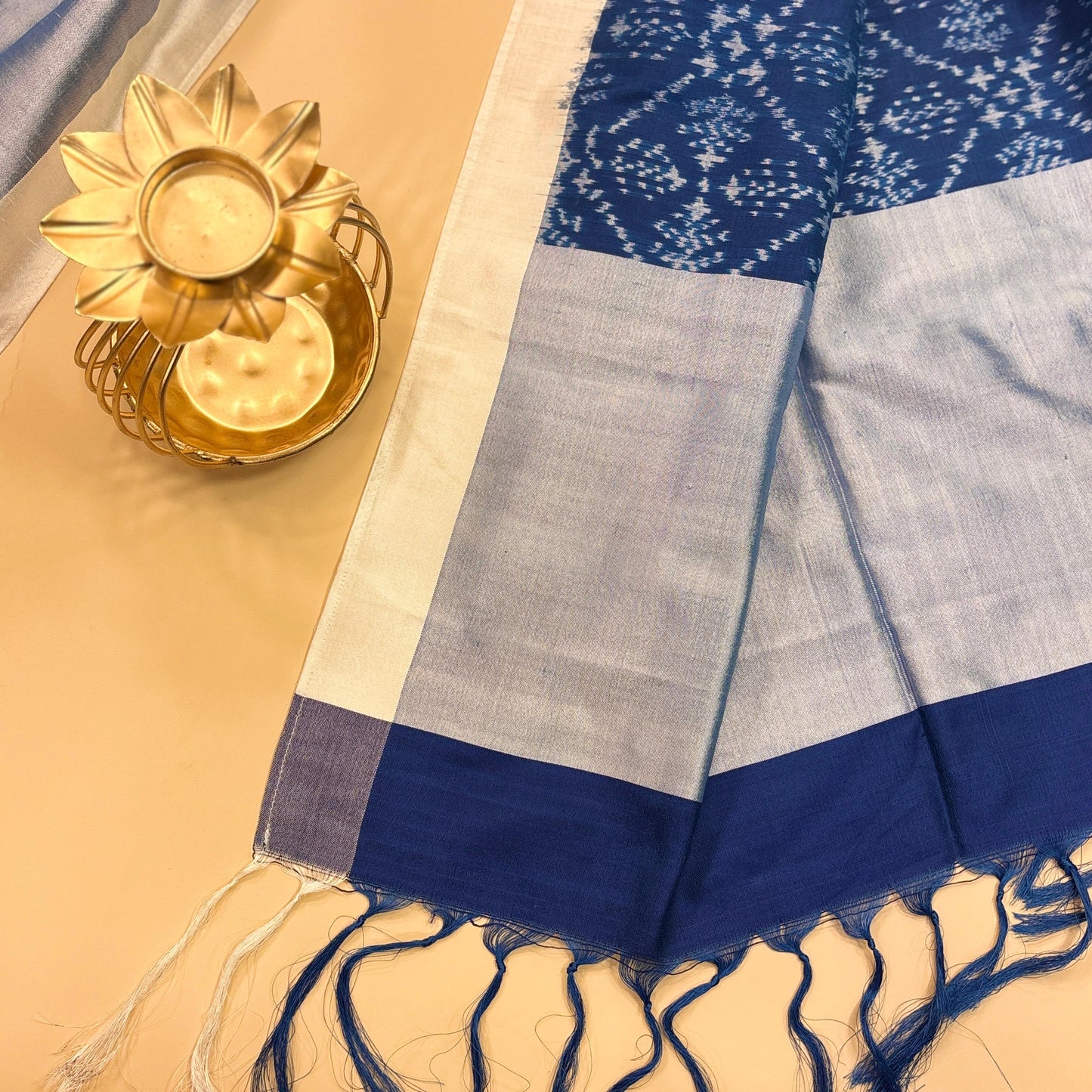 Navy Blue and White Mulberry Silk Odisha Ikat Stole