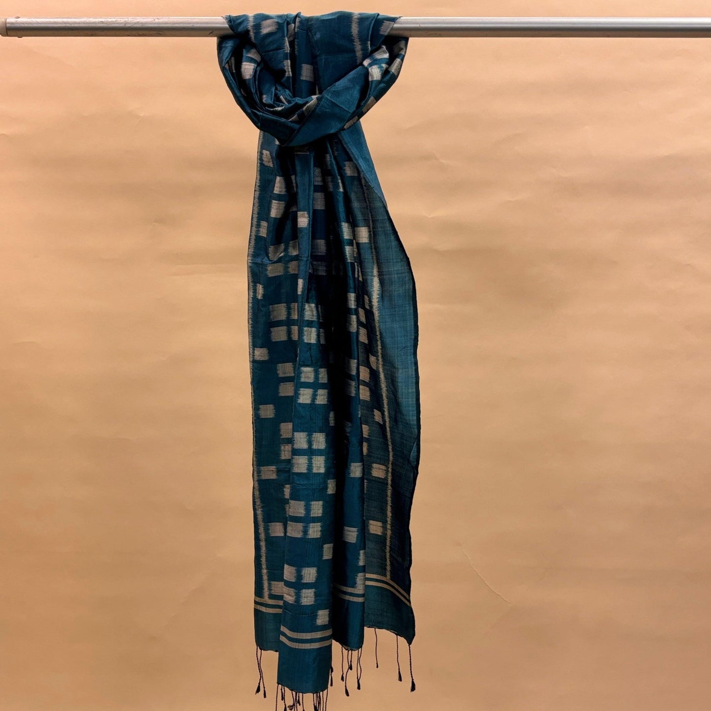 Teal Blue and Silver Mulberry Silk Odisha Ikat Stole