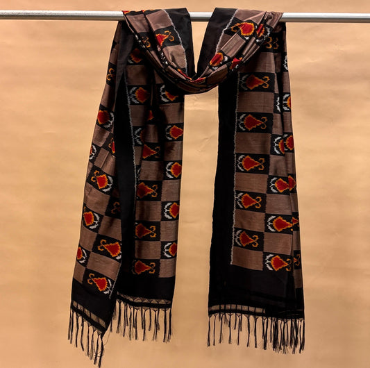Copper & Yellow Mulberry Silk Pochampally Ikat Dupatta