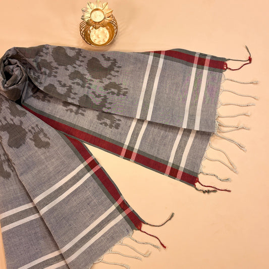 Grey and Maroon Pure Cotton Odisha Ikat Stole