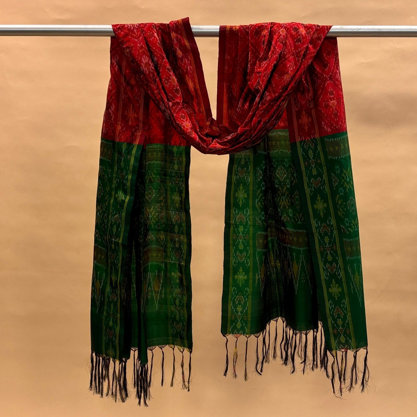 Red & Green Mulberry Silk Pochampally Ikat Dupatta