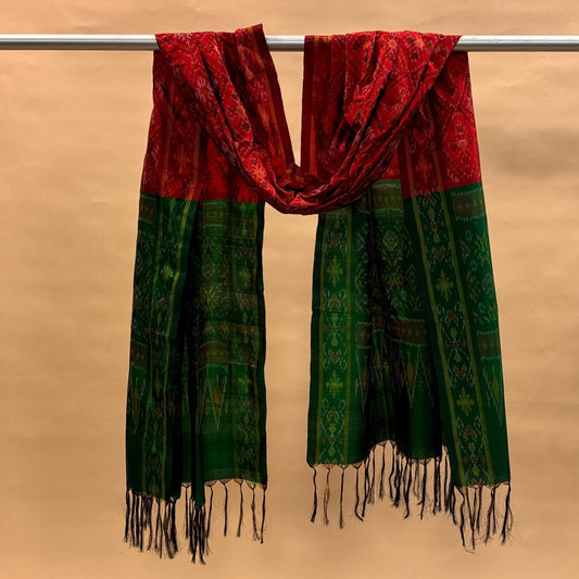 Red & Green Mulberry Silk Pochampally Ikat Dupatta
