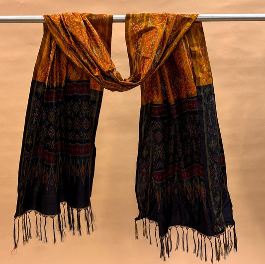 Ochre Yellow & Black Mulberry Silk Pochampally Ikat Dupatta
