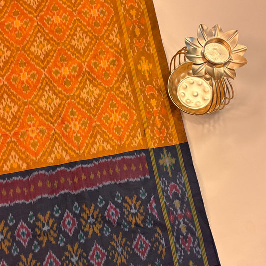 Ochre Yellow & Black Mulberry Silk Pochampally Ikat Dupatta